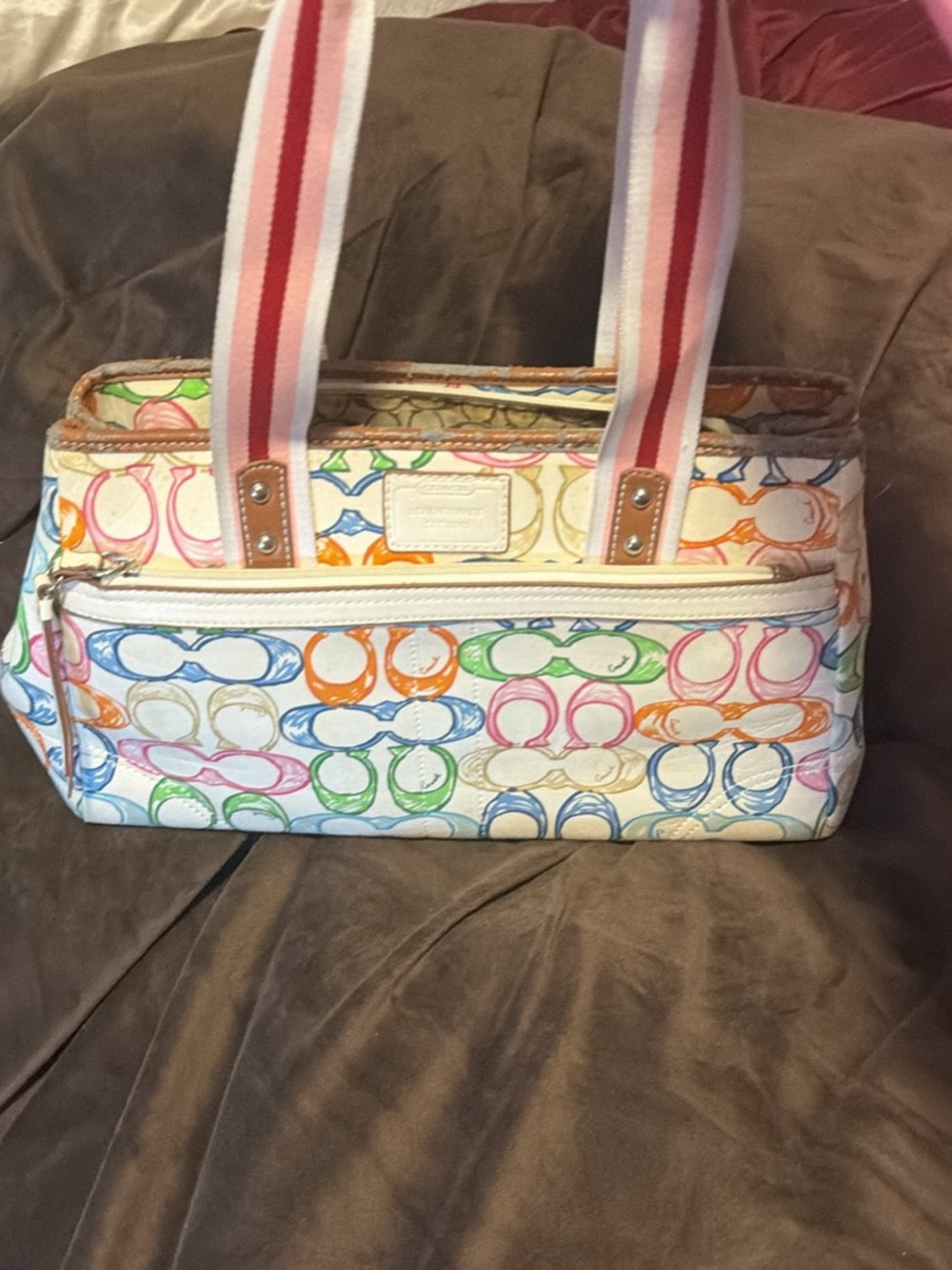 Coach Multicolor Signature Canvas Tote with Pink-Striped Handles